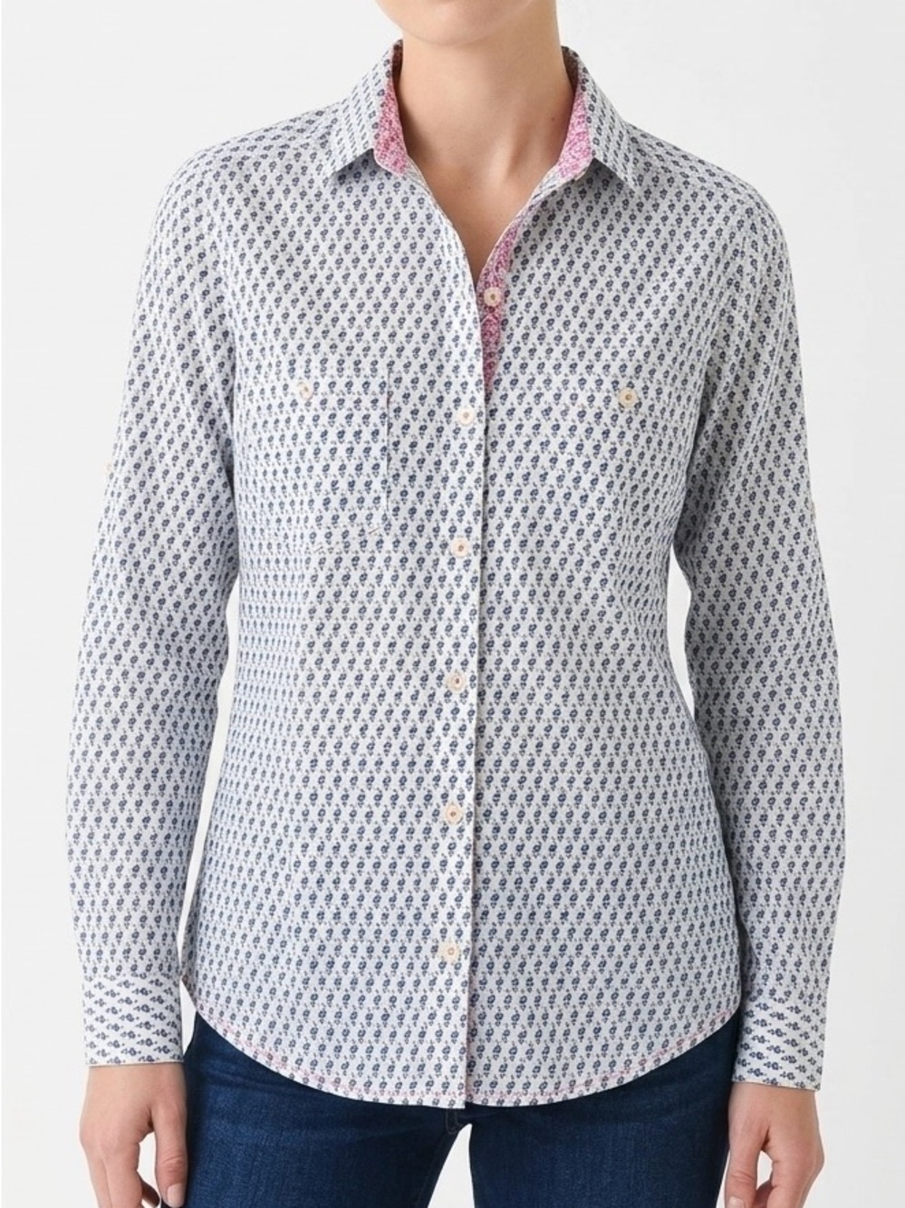 Anthropologie Holding Horses Tiny Floral Button Down Shirt Blue White Coastal